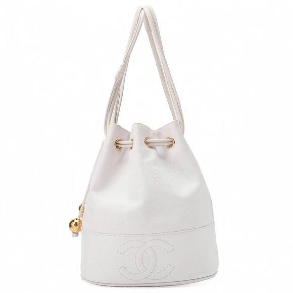 CHANEL Handbags - Authentic CHANEL white caviar leather bucket bag with pouch 24k gold